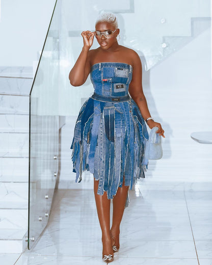 Modern Denim Patchwork Dress | Trendy Denim Dress - First Tribe First Tribe Modern Denim Patchwork Dress | Trendy Denim Dress - First Tribe First Tribe